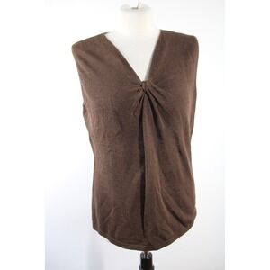 Jones New York L Brown Sleeveless Knit Top Knot Front V-Neck Linen Blend